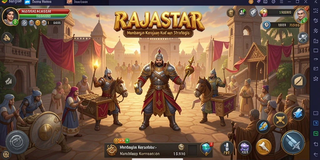 Tangkapan layar utama RAJASTAR menampilkan kerajaan yang megah dan pertempuran strategis.