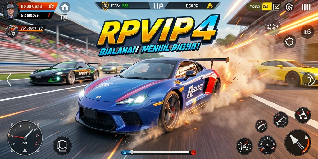 Screenshot RPVIP4 menampilkan aksi balap mobil yang seru dan menegangkan.