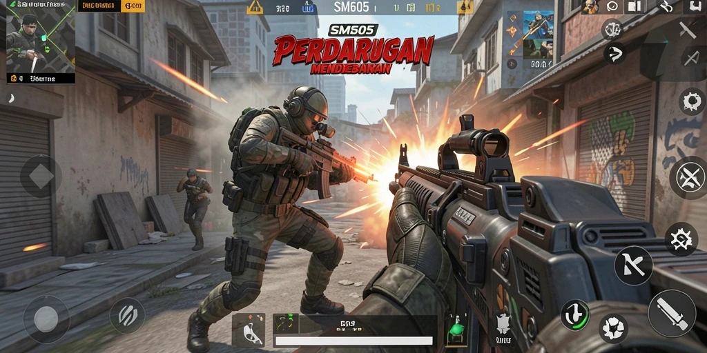 Tampilan gameplay aksi seru dalam SM605 dengan pertarungan FPS yang intens.